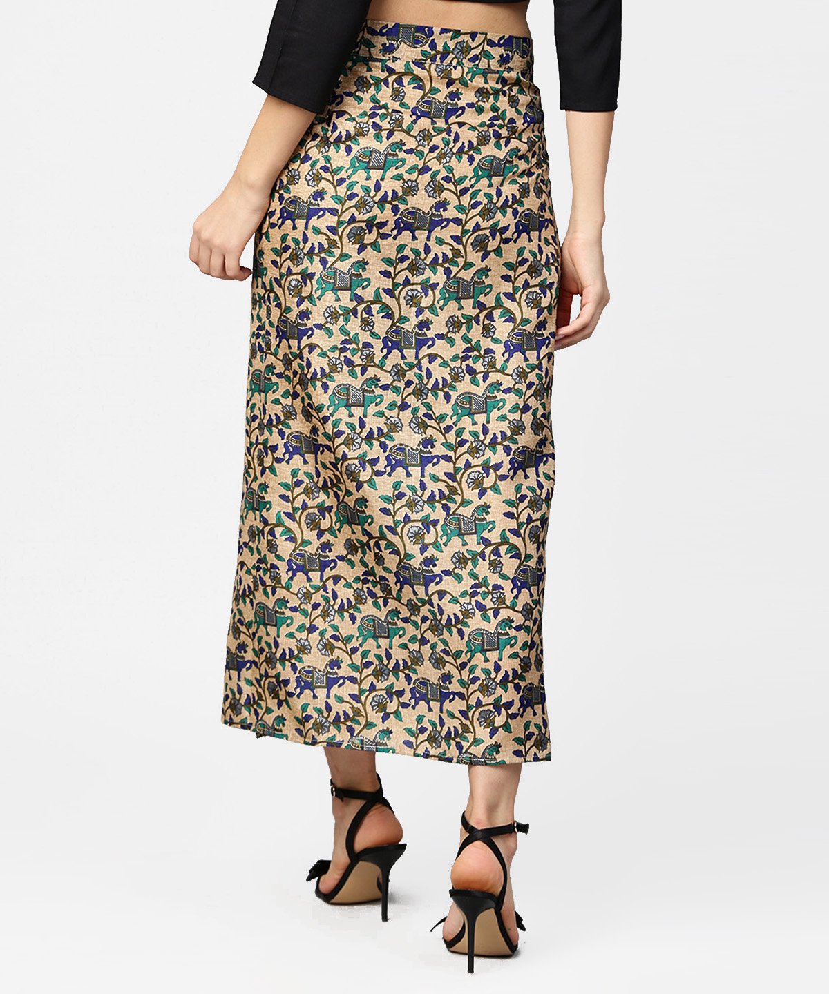Beige Printed Midi Cotton Straight Skirt | LASVINI - Redefining Indian Fashion with Elegance