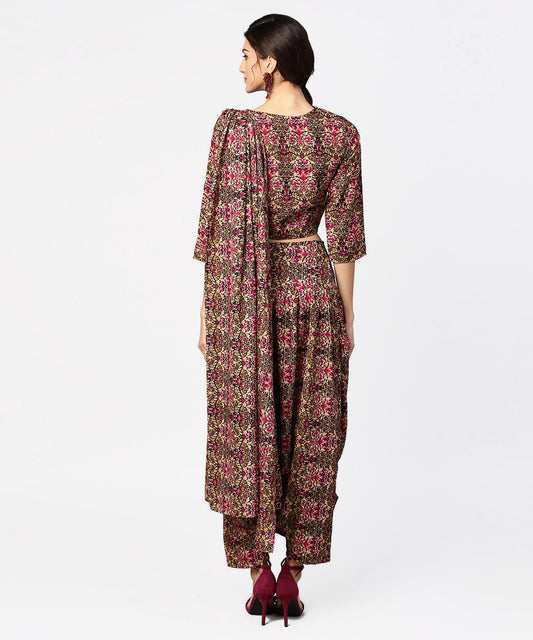 Green & Pink Printed Palazzo Saree & 3/4Th Sleeve Round Neck Blouse | LASVINI - Redefining Indian Fashion with Elegance