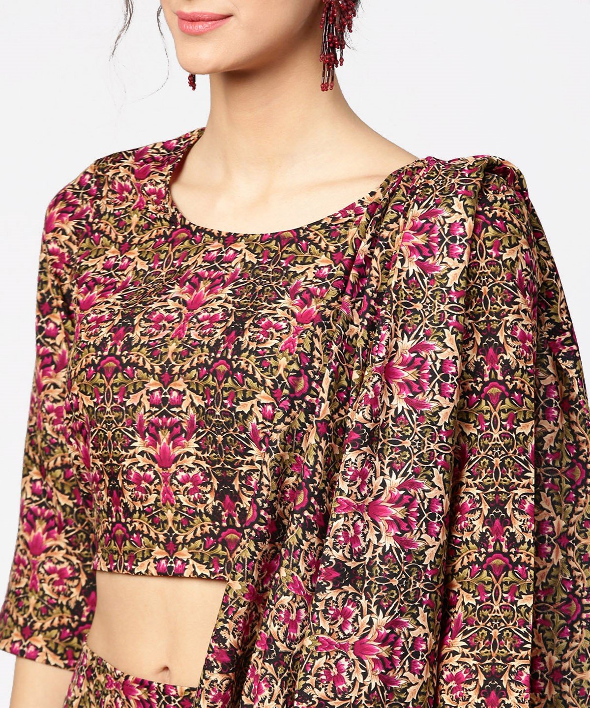 Green & Pink Printed Palazzo Saree & 3/4Th Sleeve Round Neck Blouse | LASVINI - Redefining Indian Fashion with Elegance