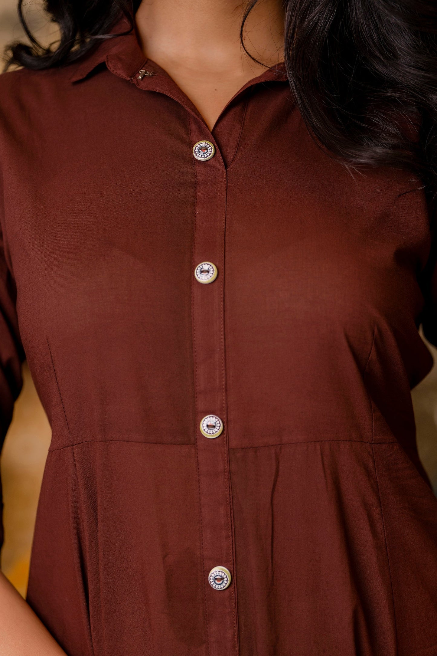 Women Chocolate Brown Maxi Dress With Shirt Collar & 3/4 Sleeves | LASVINI - Redefining Indian Fashion with Elegance