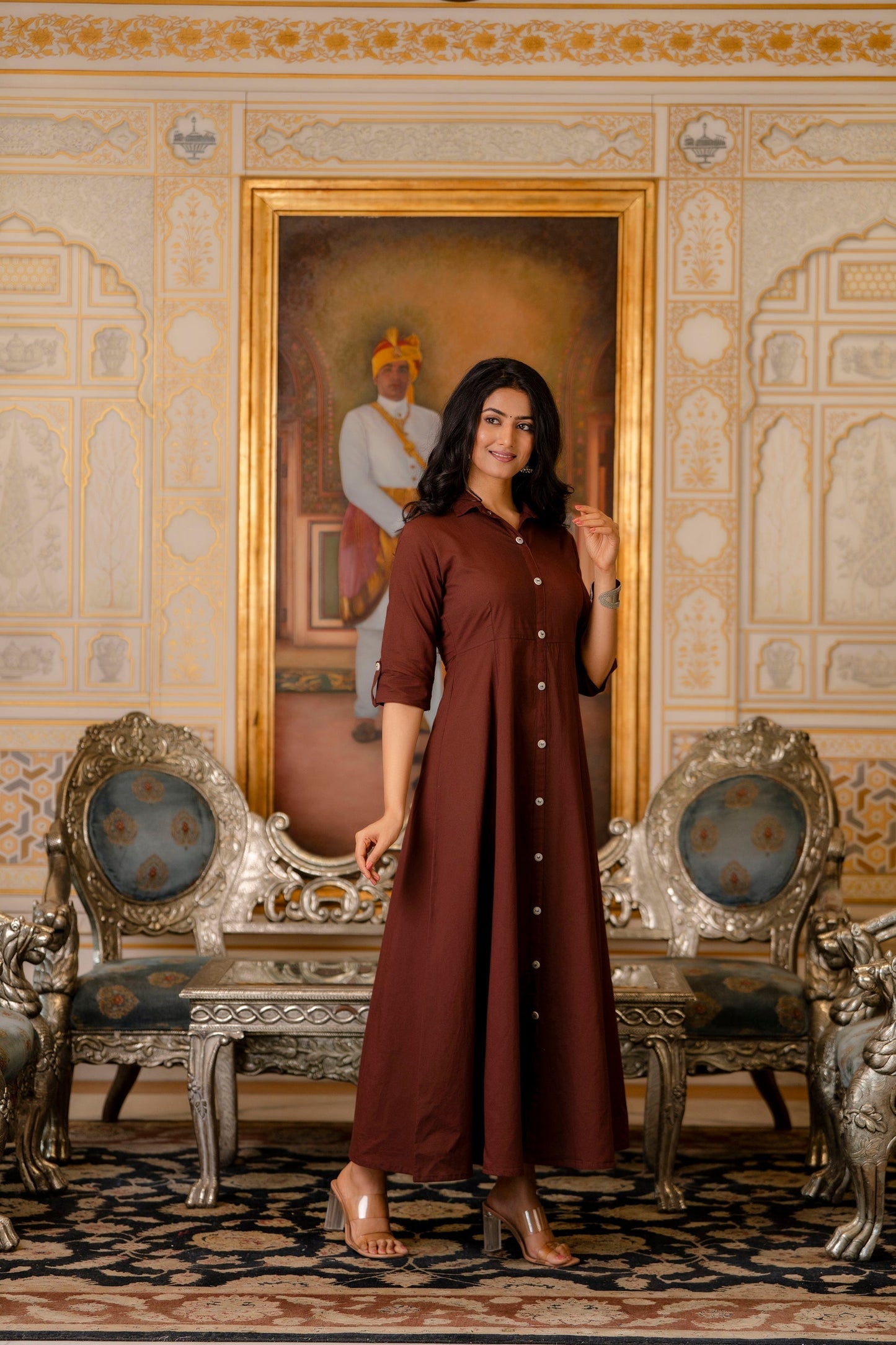 Women Chocolate Brown Maxi Dress With Shirt Collar & 3/4 Sleeves | LASVINI - Redefining Indian Fashion with Elegance