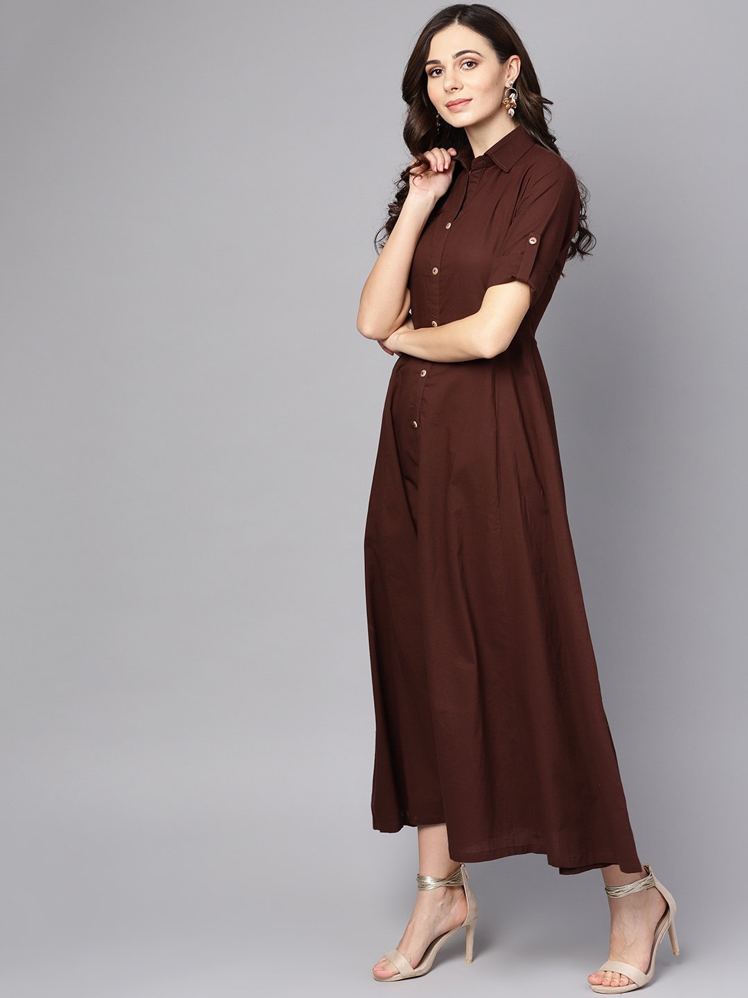 Solid Chocolate Brown Maxi Dress With Shirt Collar & 3/4 Sleeves | LASVINI - Redefining Indian Fashion with Elegance