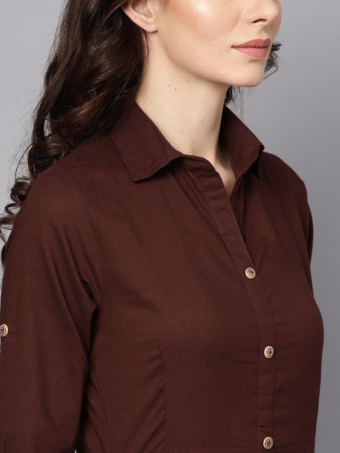 Solid Chocolate Brown Maxi Dress With Shirt Collar & 3/4 Sleeves | LASVINI - Redefining Indian Fashion with Elegance