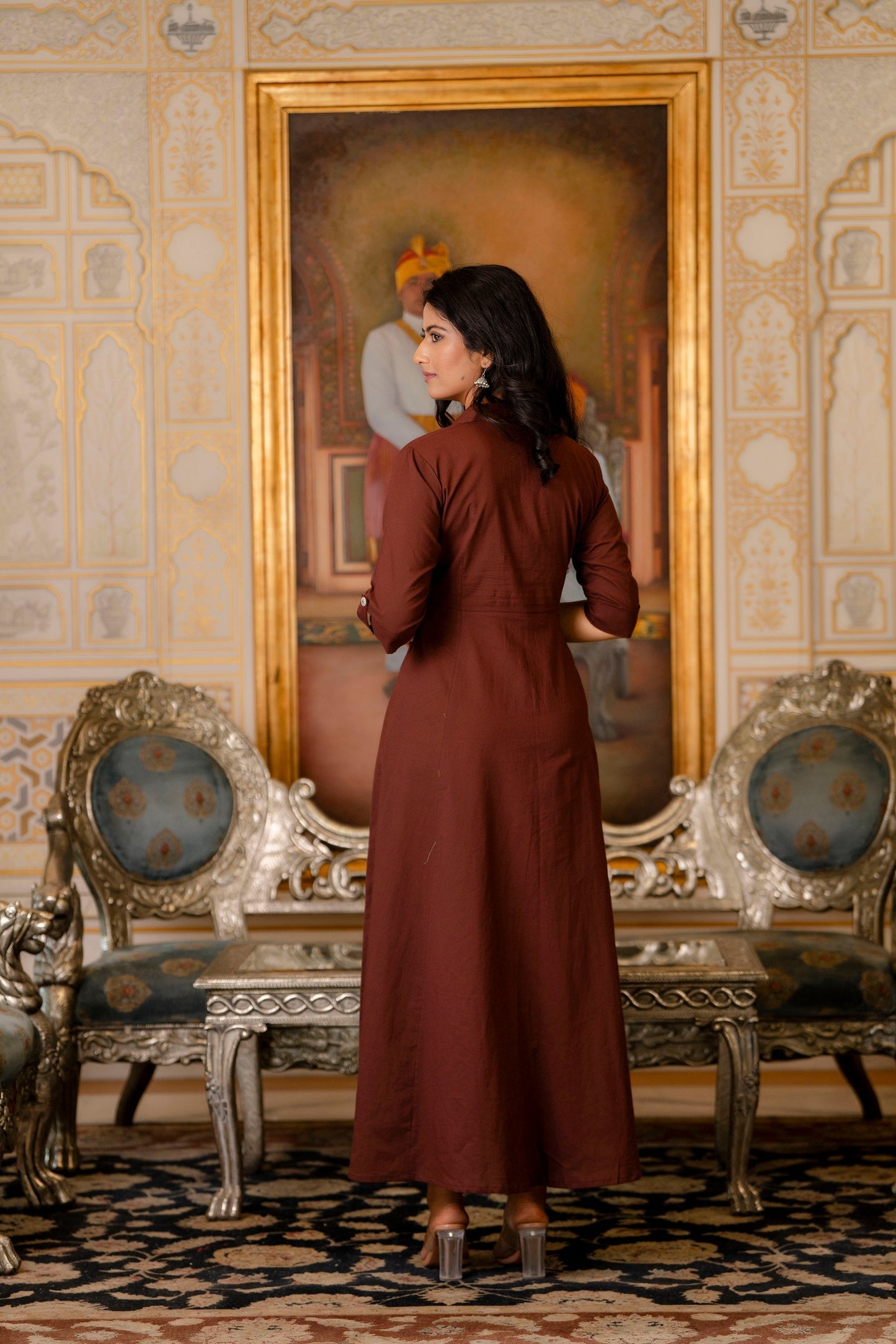 Women Chocolate Brown Maxi Dress With Shirt Collar & 3/4 Sleeves | LASVINI - Redefining Indian Fashion with Elegance