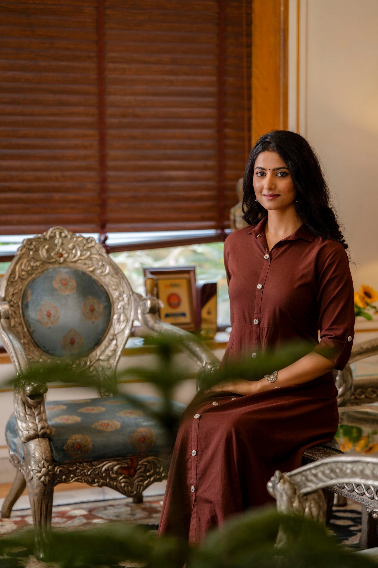 Women Chocolate Brown Maxi Dress With Shirt Collar & 3/4 Sleeves | LASVINI - Redefining Indian Fashion with Elegance