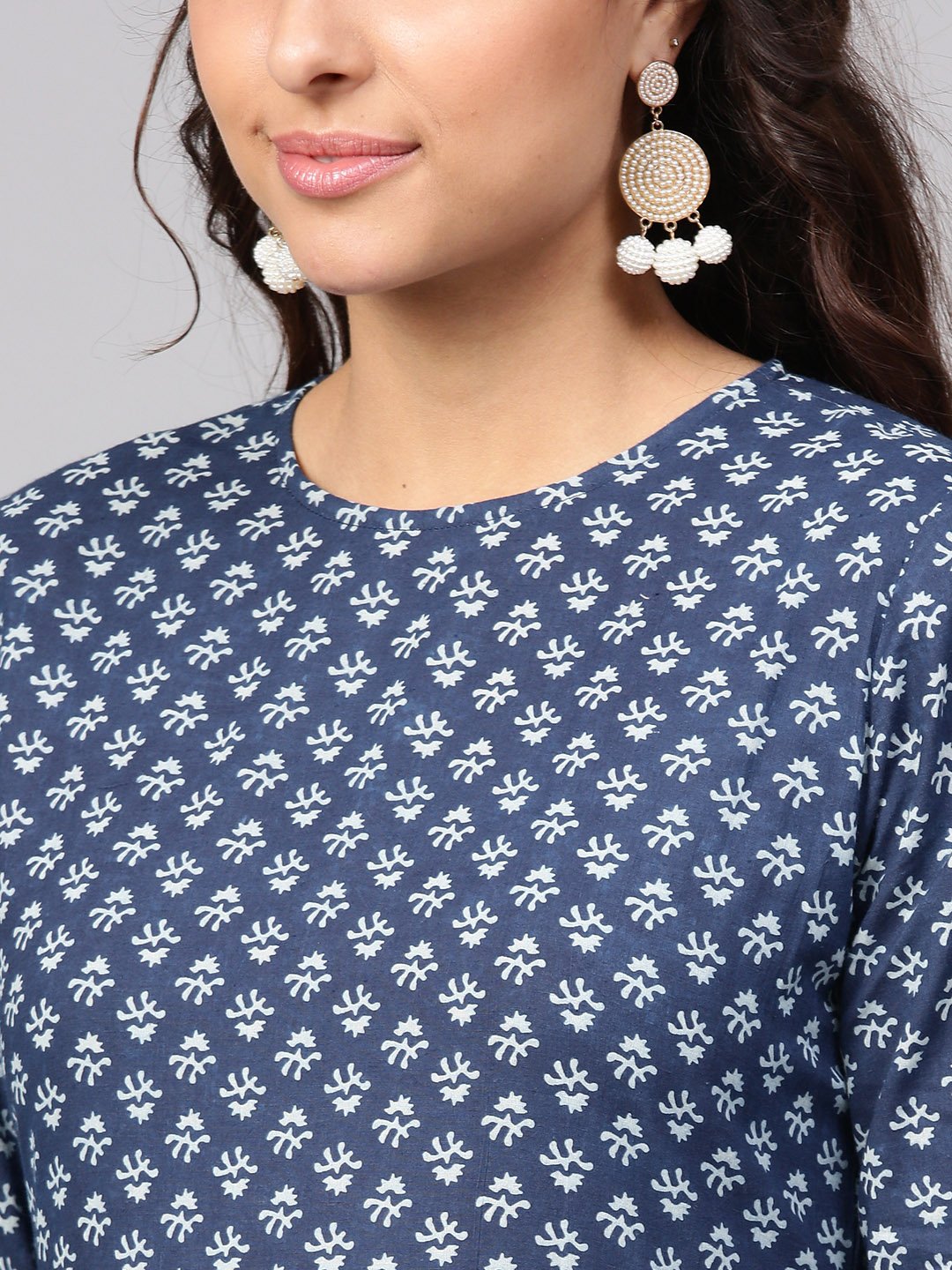 Navy Blue Printed Maxi Dress With Round Neck & Full Sleeves | LASVINI - Redefining Indian Fashion with Elegance