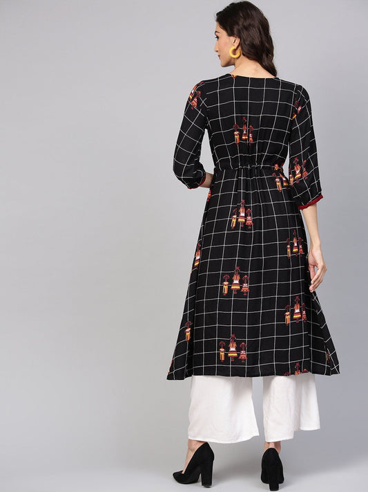 Black Check Printed Kurta With Multi Colored Human Figure Motifs | LASVINI - Redefining Indian Fashion with Elegance
