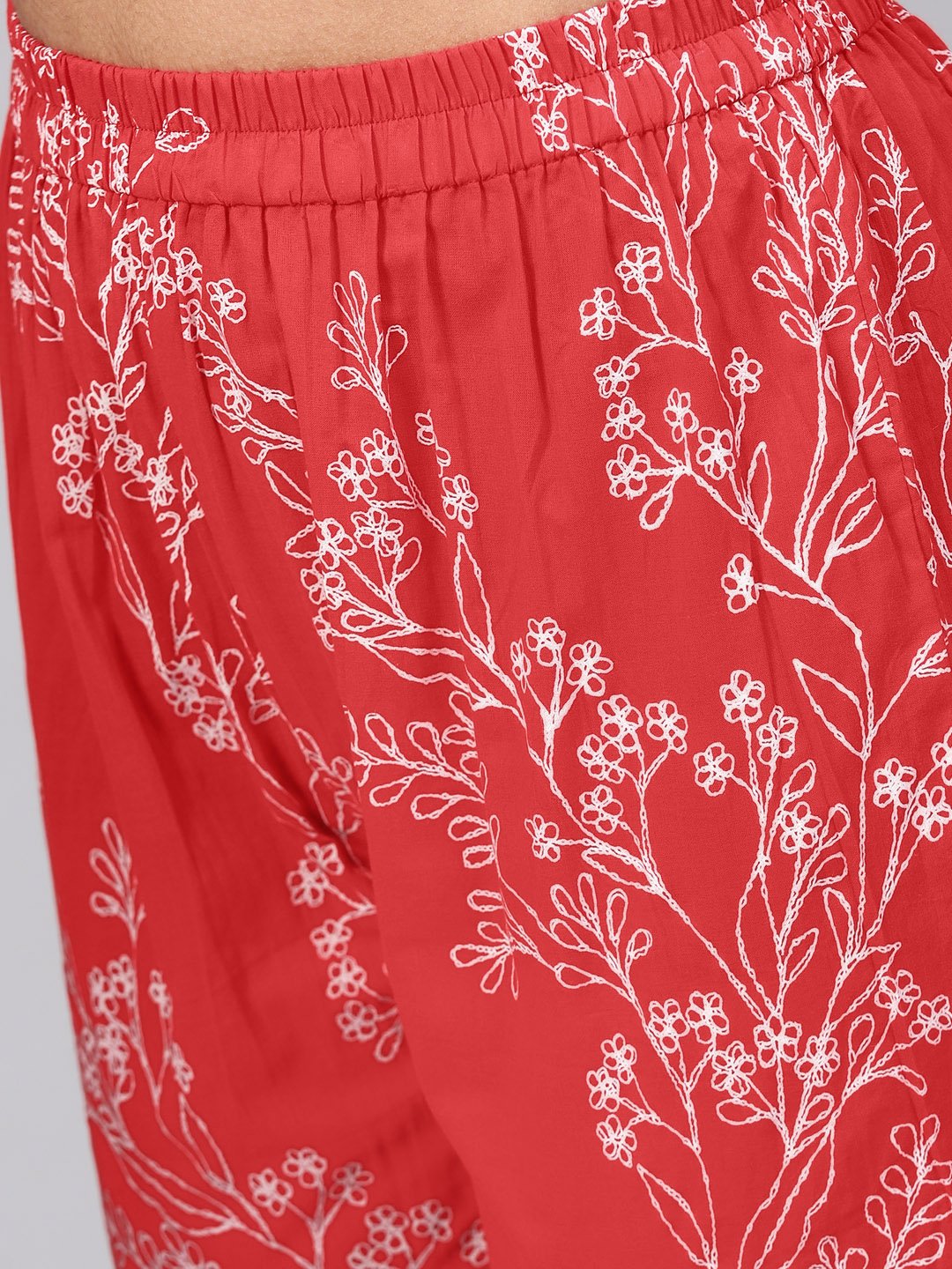 Solid Red Kurta With Detailed Printed Sleeves & Pants | LASVINI - Redefining Indian Fashion with Elegance