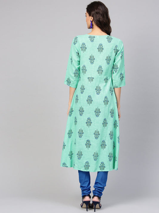 Sea Green Printed Kurta Set With Solid Chudidar | LASVINI - Redefining Indian Fashion with Elegance