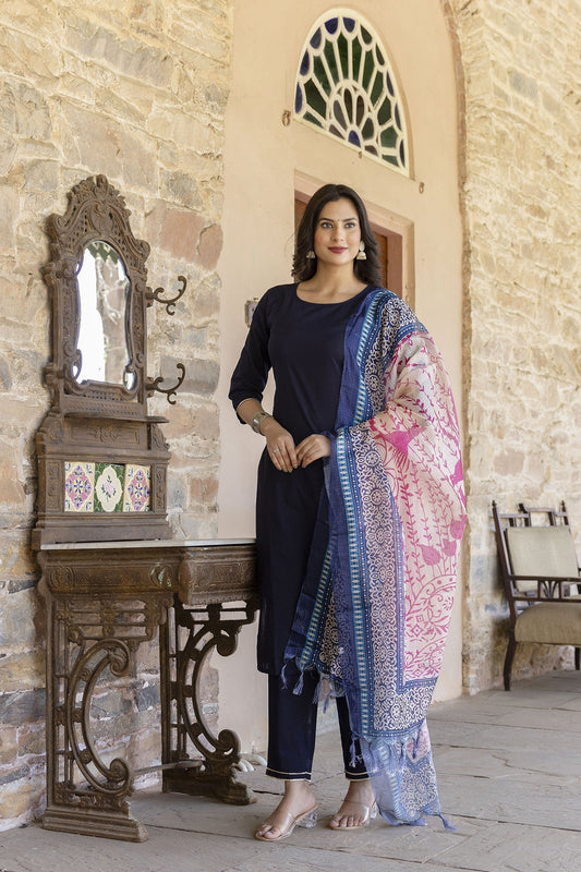 Women Navy Blue Kurta Set With Pants & Printed Dupatta | LASVINI - Redefining Indian Fashion with Elegance