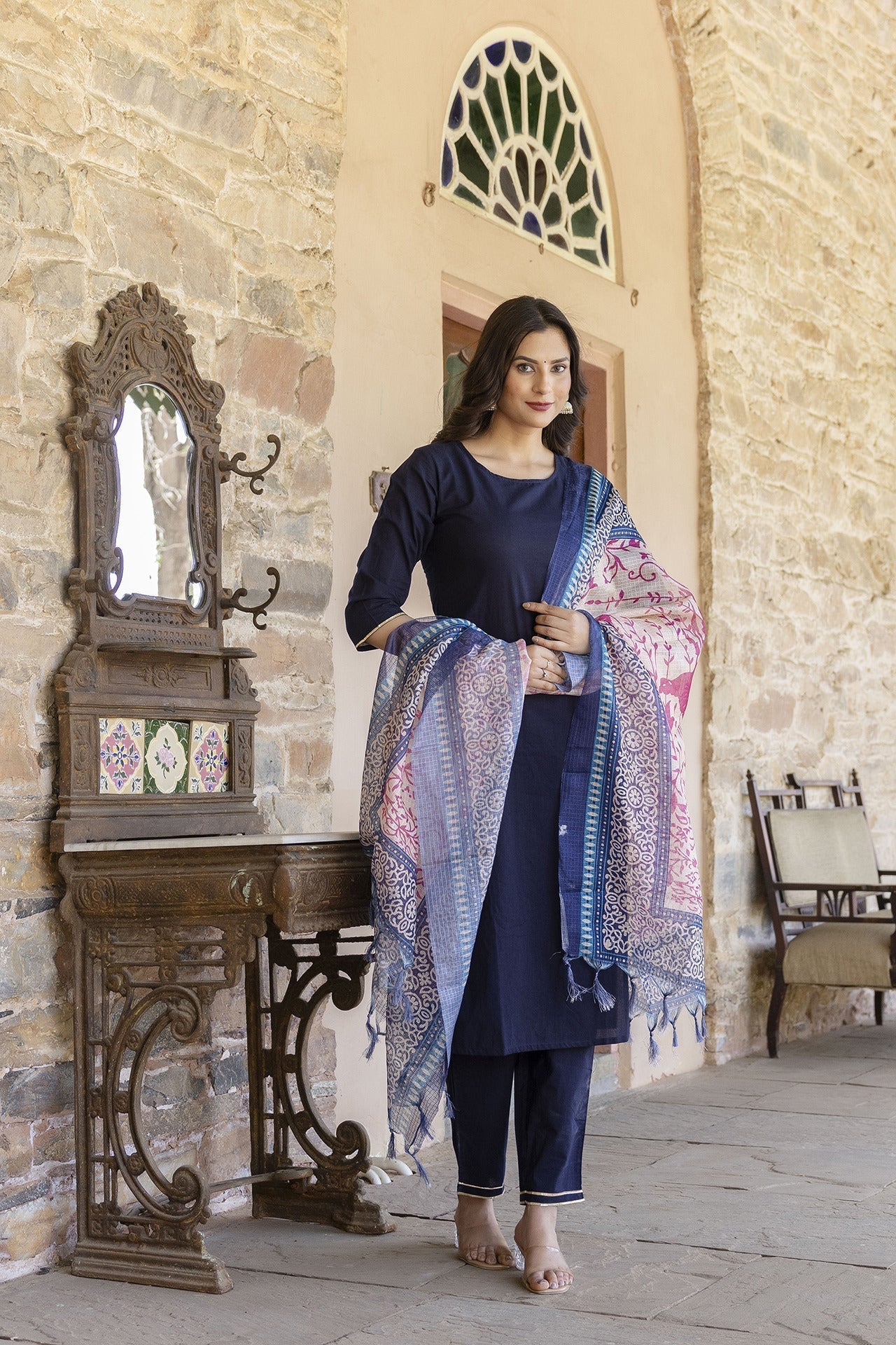 Women Navy Blue Kurta Set With Pants & Printed Dupatta | LASVINI - Redefining Indian Fashion with Elegance