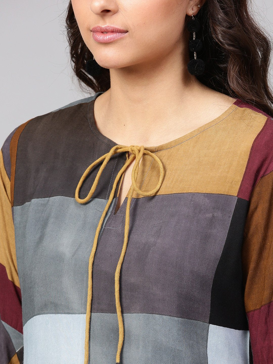 Multi-Colored Checked Tunic Key Hole Neck & Bell Sleeves | LASVINI - Redefining Indian Fashion with Elegance