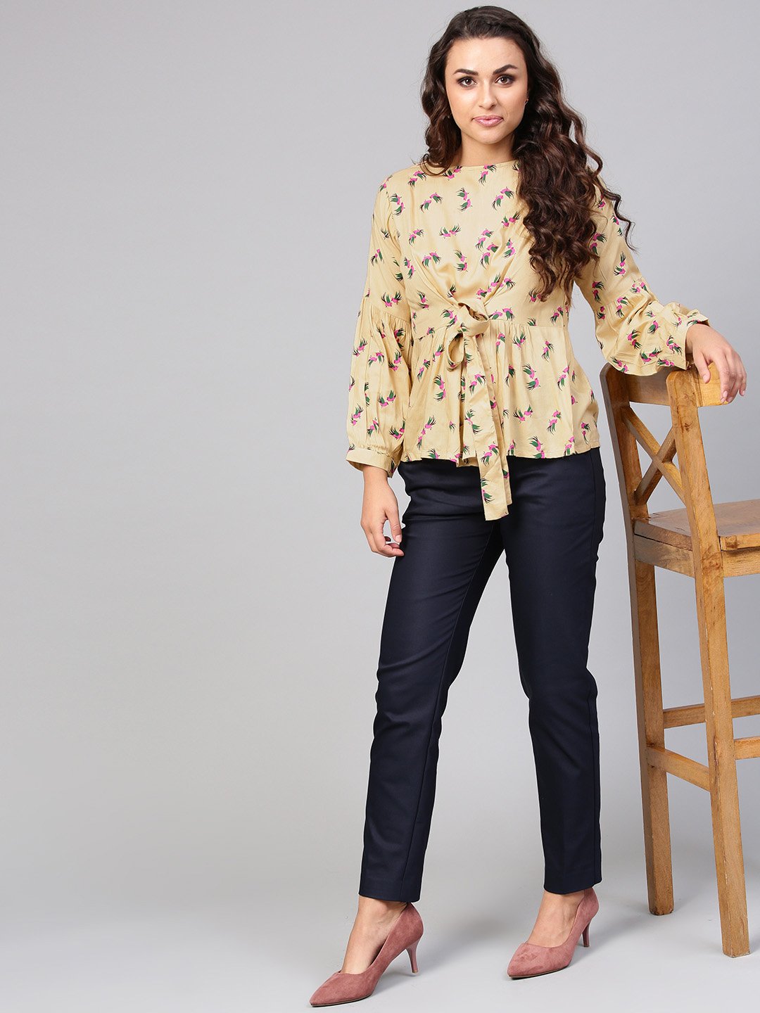 Beige Multi Colored Printed Knot Style Top With Round Neck | LASVINI - Redefining Indian Fashion with Elegance