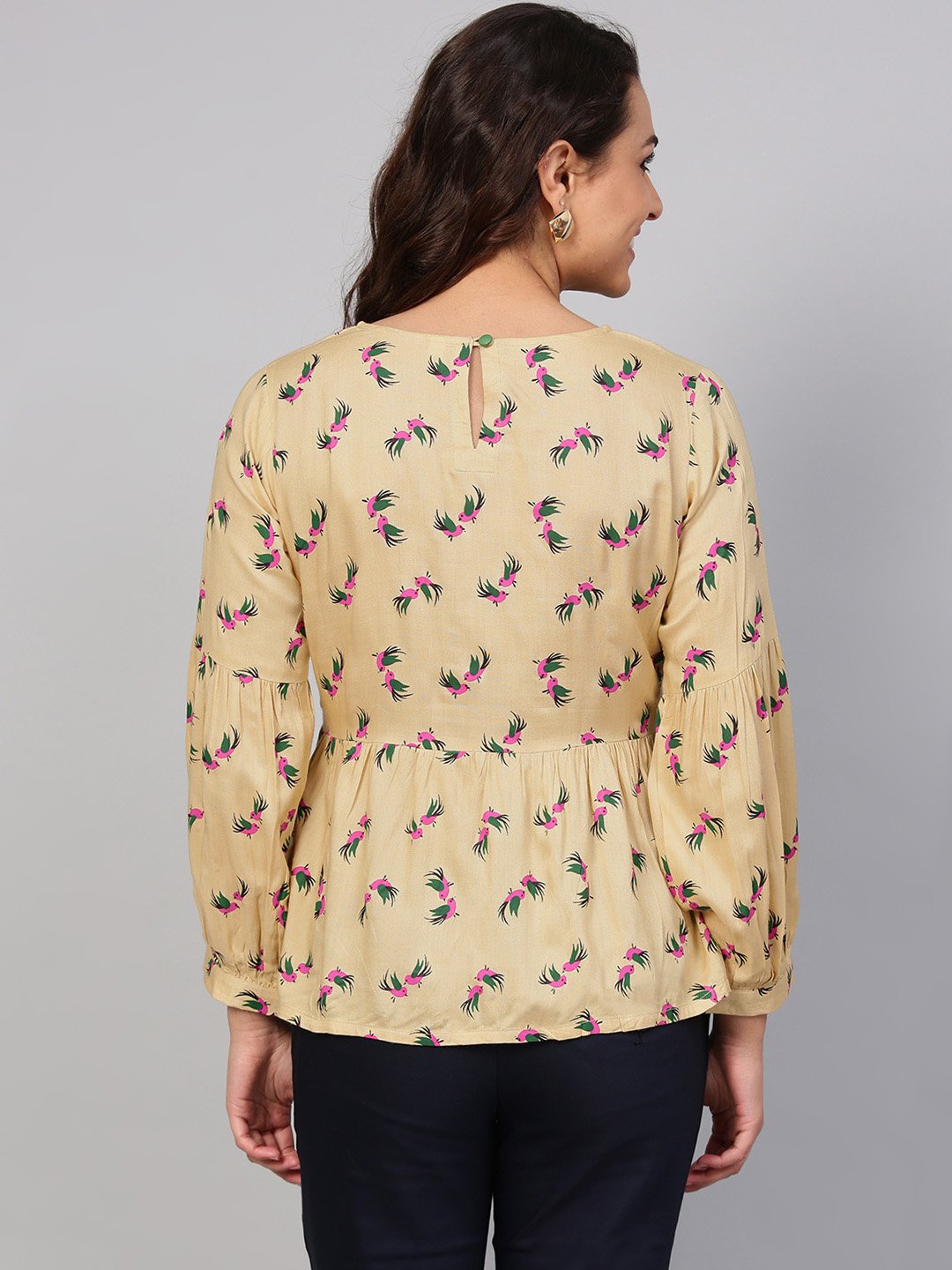 Beige Multi Colored Printed Knot Style Top With Round Neck | LASVINI - Redefining Indian Fashion with Elegance