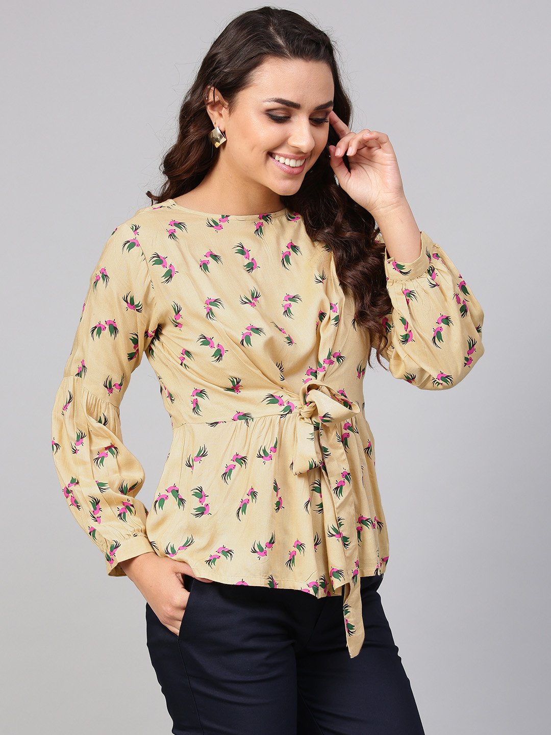 Beige Multi Colored Printed Knot Style Top With Round Neck | LASVINI - Redefining Indian Fashion with Elegance