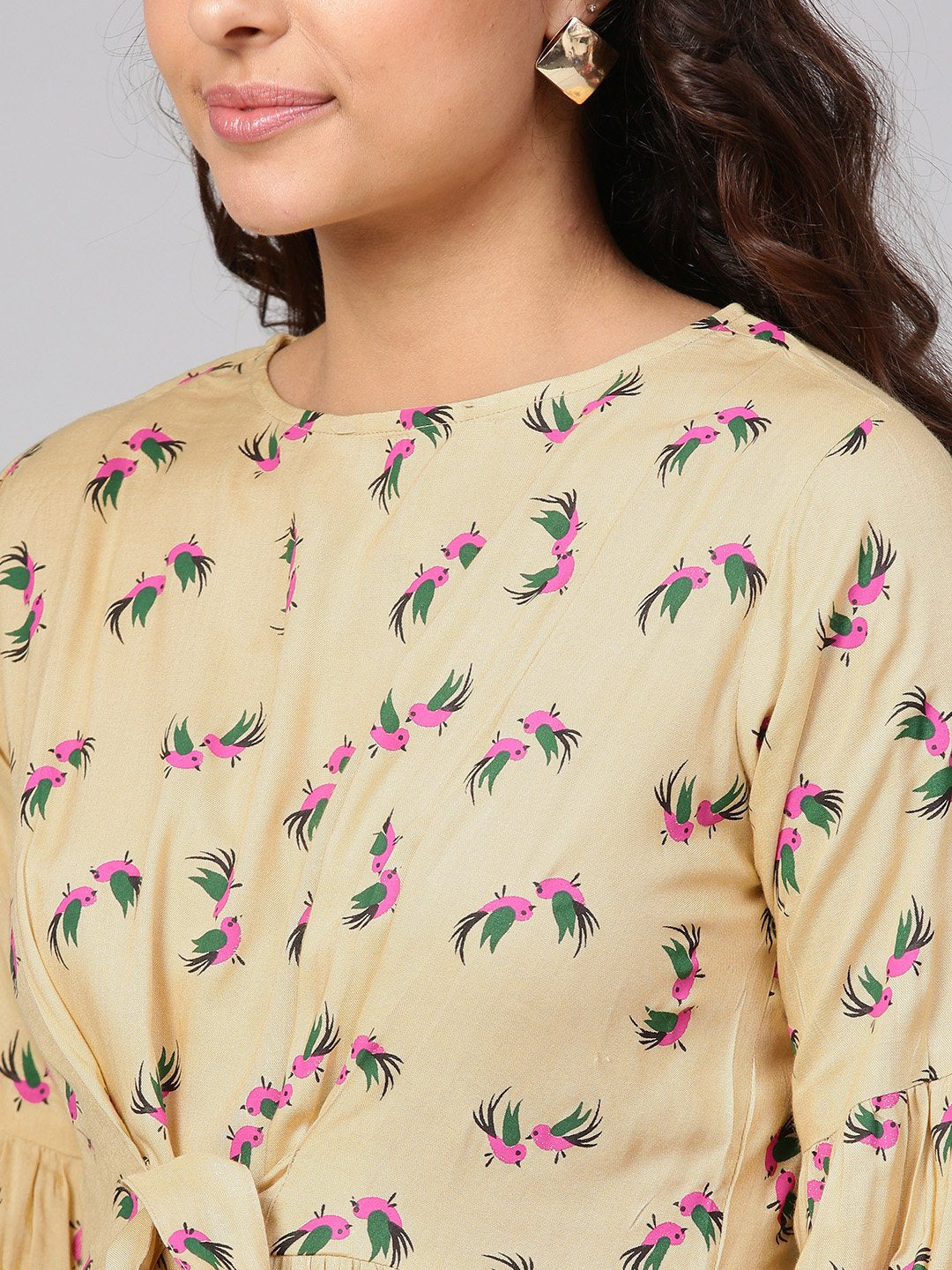 Beige Multi Colored Printed Knot Style Top With Round Neck | LASVINI - Redefining Indian Fashion with Elegance