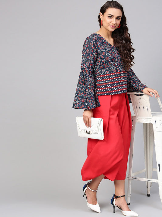 Indigo Blue Geometric Printed Top With V Neck & Flared Sleeves | LASVINI - Redefining Indian Fashion with Elegance