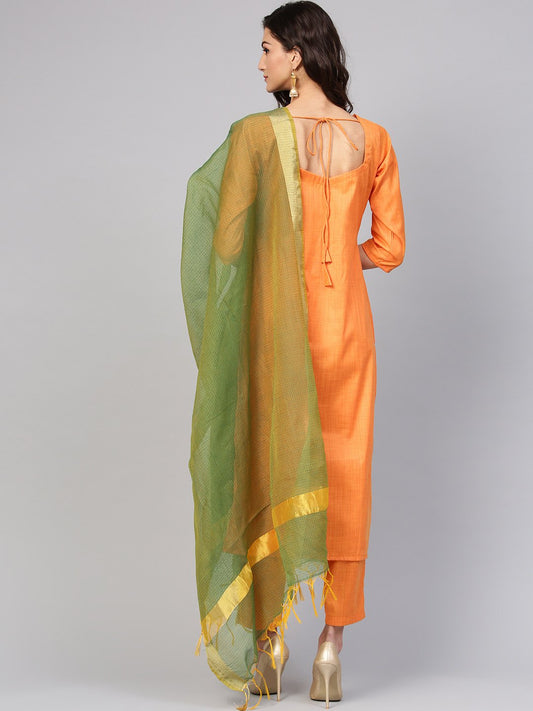 Light Orange Kurta Set With Pants & Green Contrasting Dupatta | LASVINI - Redefining Indian Fashion with Elegance