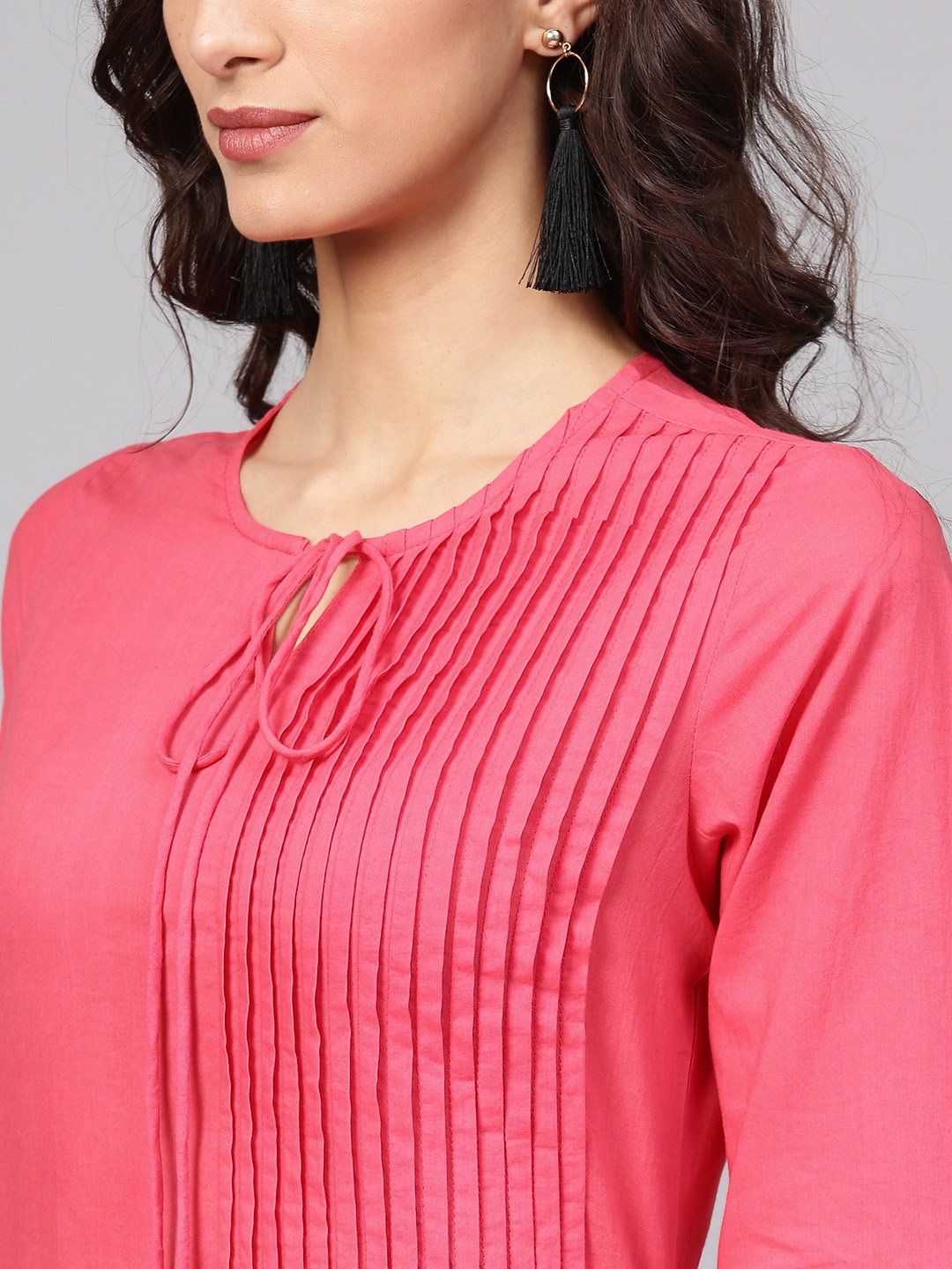 Cotton Pink Even Pleated Yoke With Keyhole Neckline & 3/4 Sleeves | LASVINI - Redefining Indian Fashion with Elegance