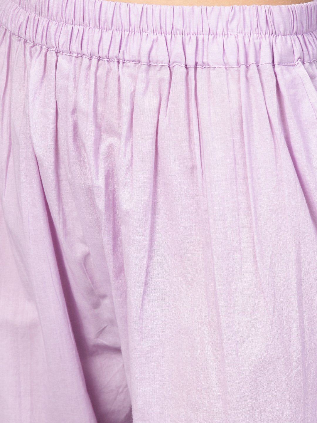 Lavender Cotton Kurta Set With Detailed 3/4 Sleeves | LASVINI - Redefining Indian Fashion with Elegance