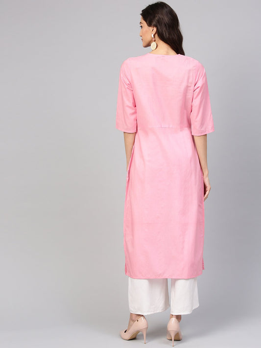 Baby Pink Round Neck Cotton Kurta With Side Yoke & 3/4 Sleeves | LASVINI - Redefining Indian Fashion with Elegance