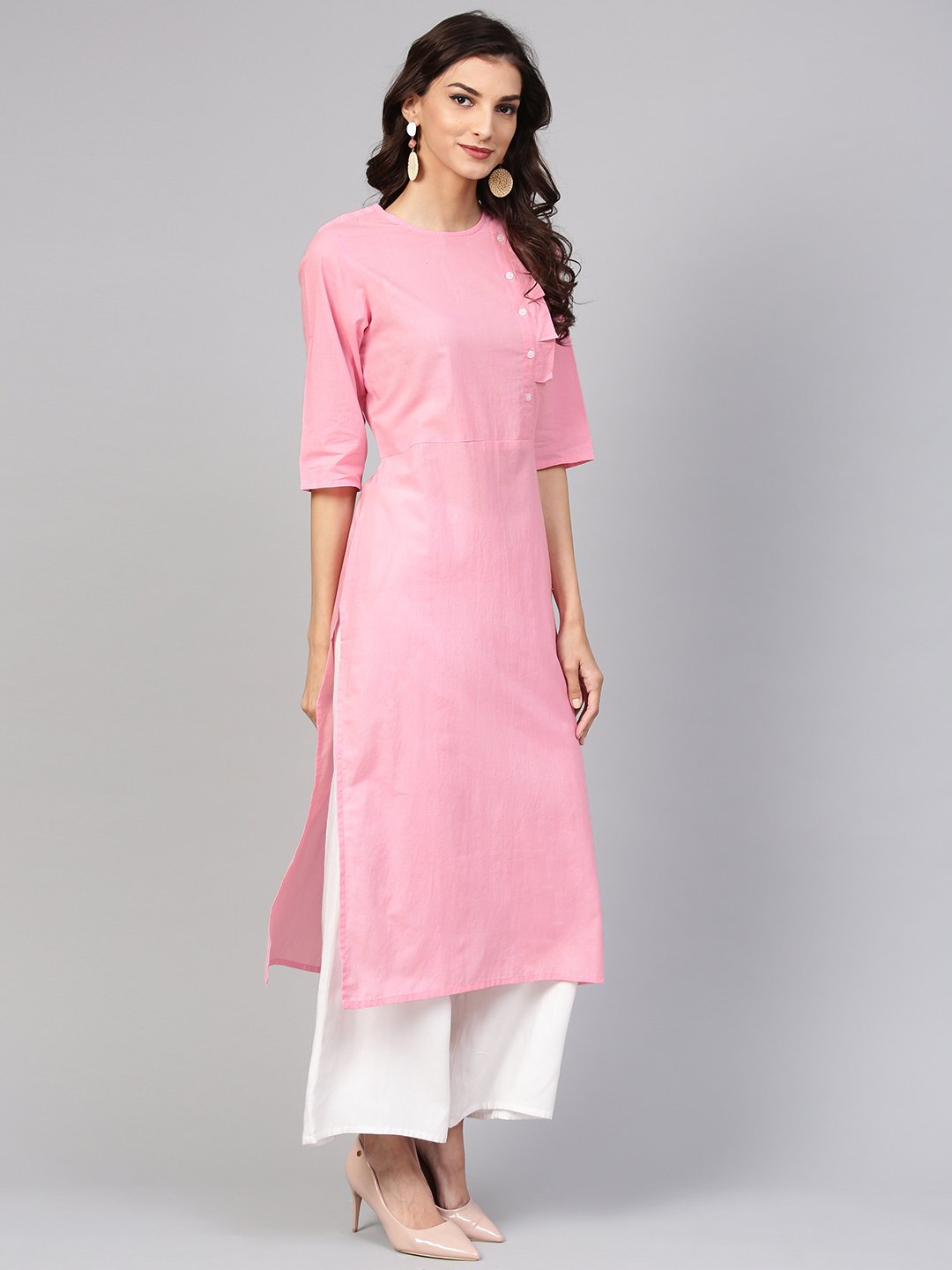 Baby Pink Round Neck Cotton Kurta With Side Yoke & 3/4 Sleeves | LASVINI - Redefining Indian Fashion with Elegance