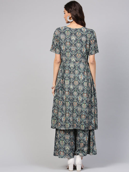 Dark Green Pleated Anarkali Kurta With Ankle Length Palazzo | LASVINI - Redefining Indian Fashion with Elegance
