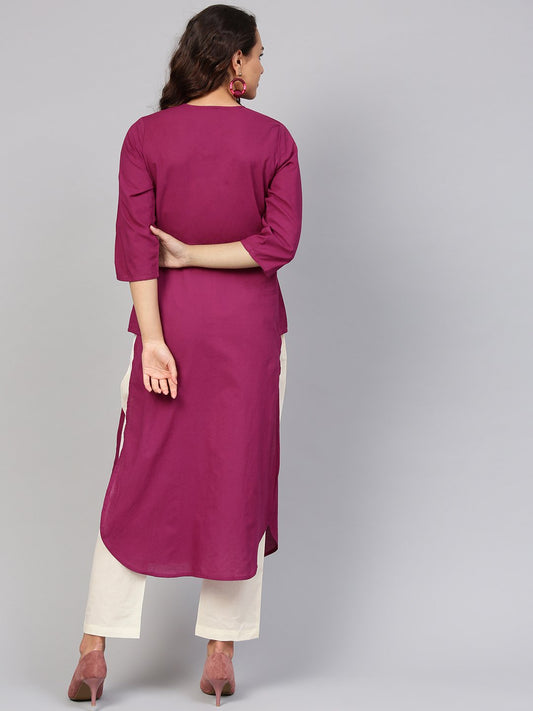 Solid Burgundy Kurta With Keyhole Neck & 3/4 Sleeves | LASVINI - Redefining Indian Fashion with Elegance