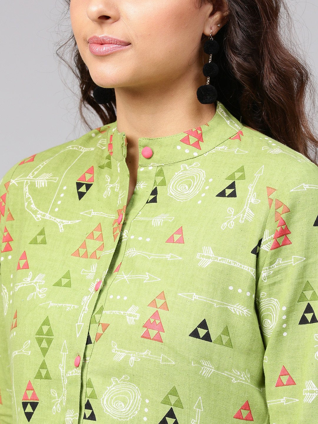 Light Green Tribal Print Tunic With Mandarin Collar & 3/4 Sleeves | LASVINI - Redefining Indian Fashion with Elegance