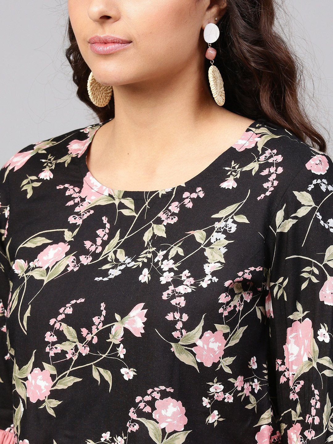 Solid Black Based Multi Floral Prints With A Round Neck And Flared Sleeves | LASVINI - Redefining Indian Fashion with Elegance