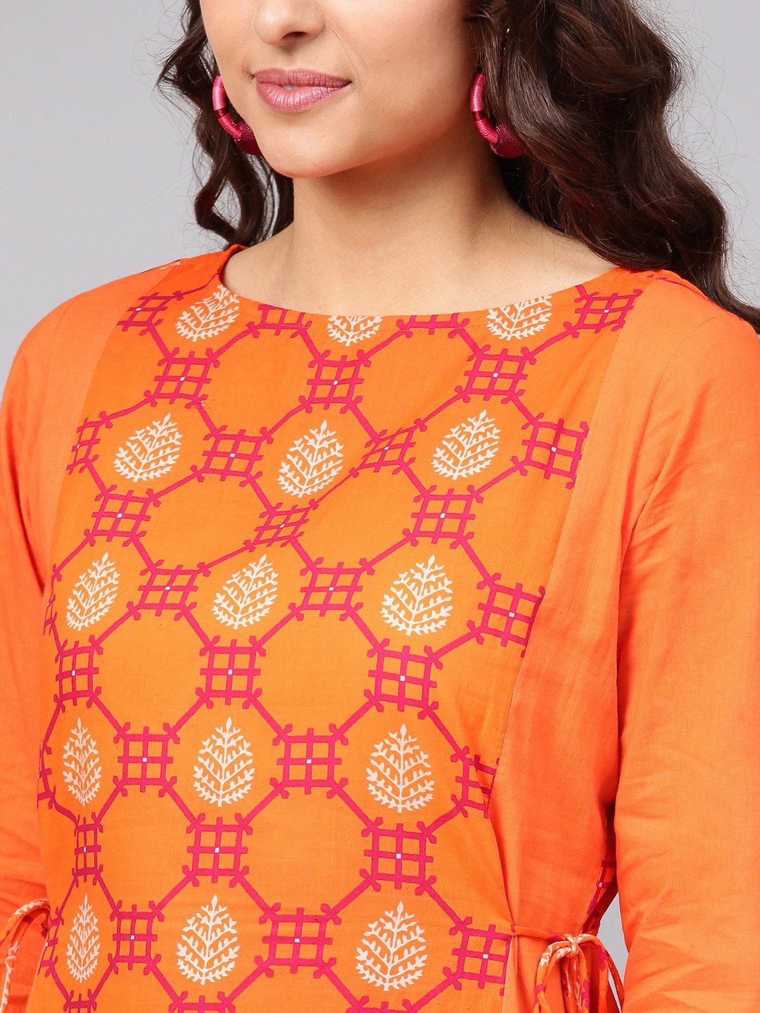 Orange Printed Panelled Kurta With Waist Doris & Full Sleeves | LASVINI - Redefining Indian Fashion with Elegance