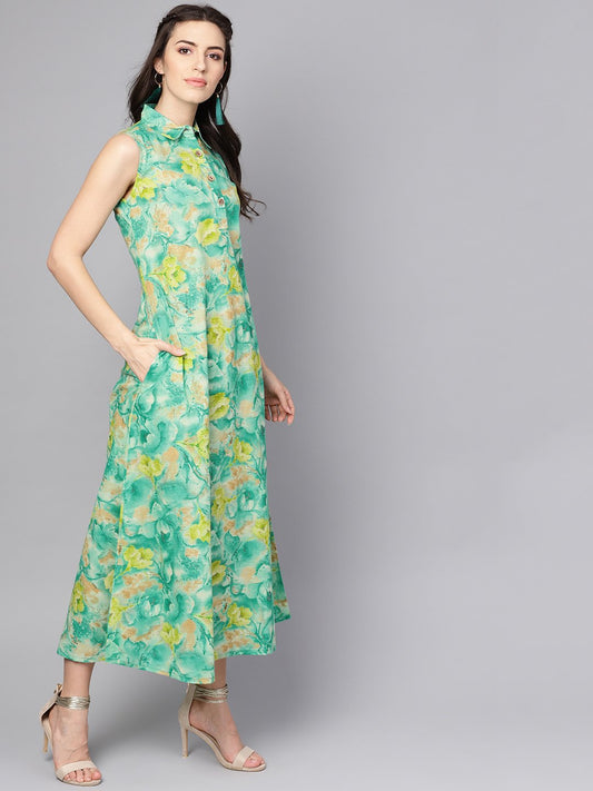 Multi Colored A-Line Dress With Shirt Collar | LASVINI - Redefining Indian Fashion with Elegance
