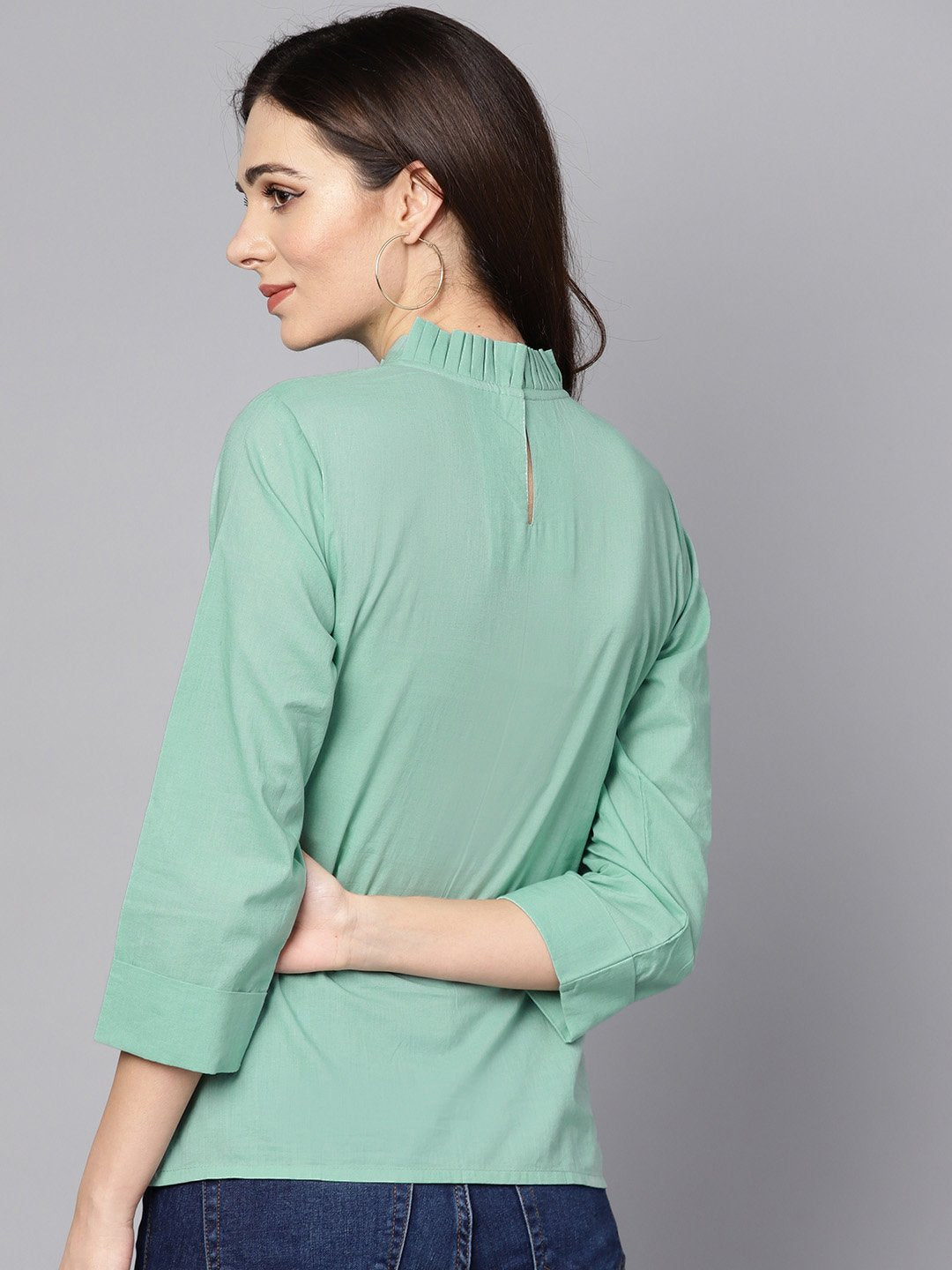 Pine Green Top Detailed With Pleats & Ruffled Neck | LASVINI - Redefining Indian Fashion with Elegance