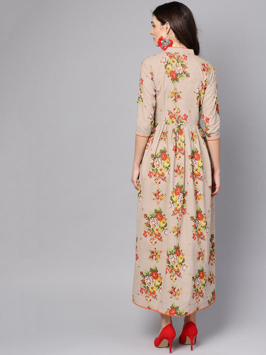 Beige Multi Colored Angrakha Style Maxi Dress Emblished With Tassels | LASVINI - Redefining Indian Fashion with Elegance