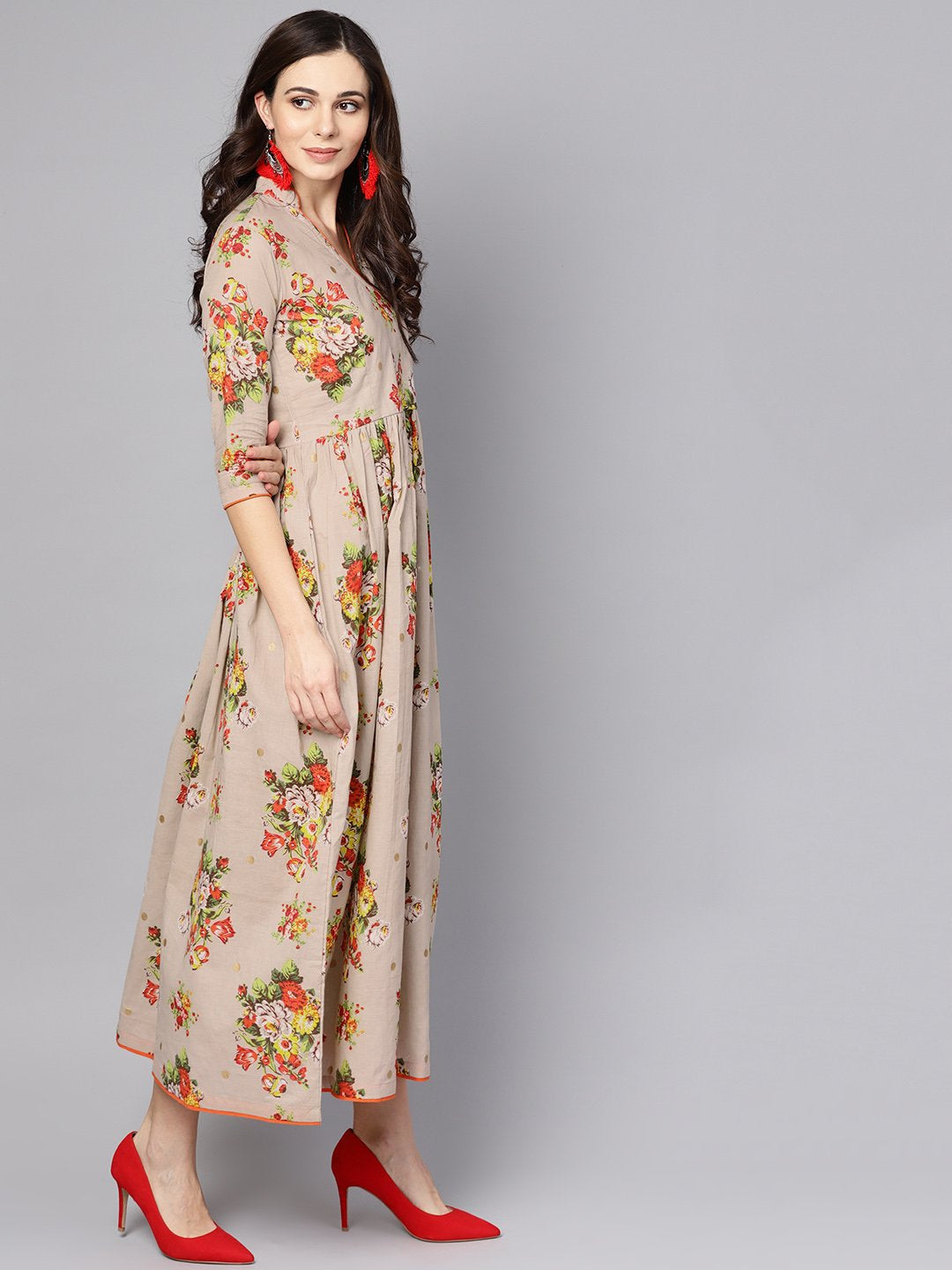 Beige Multi Colored Angrakha Style Maxi Dress Emblished With Tassels | LASVINI - Redefining Indian Fashion with Elegance