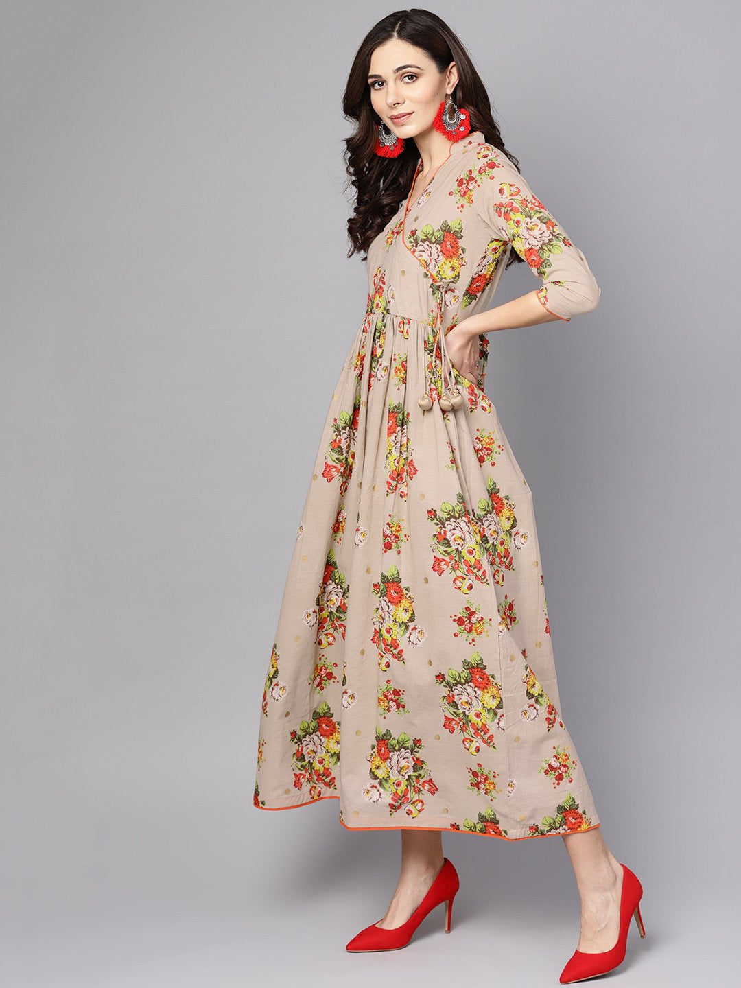Beige Multi Colored Angrakha Style Maxi Dress Emblished With Tassels | LASVINI - Redefining Indian Fashion with Elegance