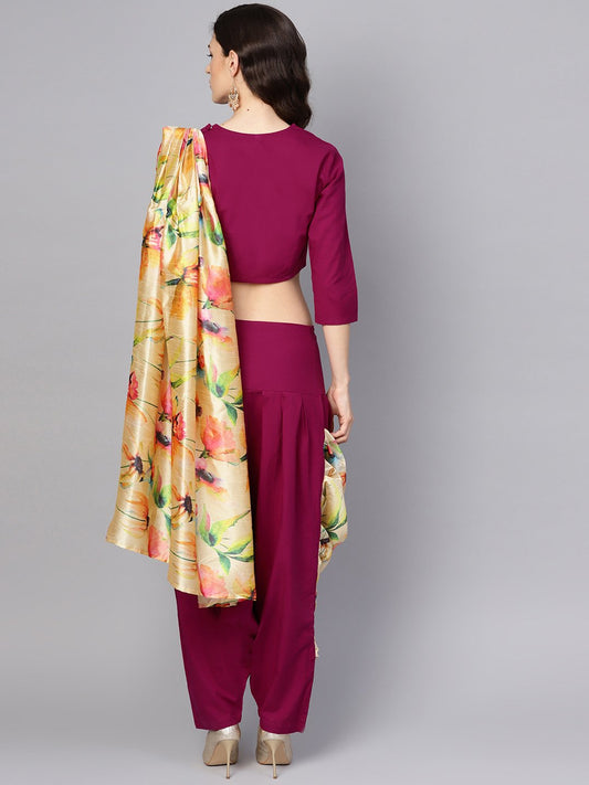 Pink Printed Palazzo Saree With 3/4Th Sleeve Round Neck Blouse | LASVINI - Redefining Indian Fashion with Elegance