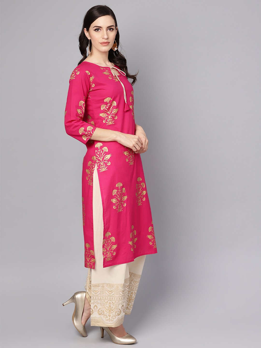 Cream Gold Printed Three Piece Kurta Set With Palazzo & Dupatta | LASVINI - Redefining Indian Fashion with Elegance