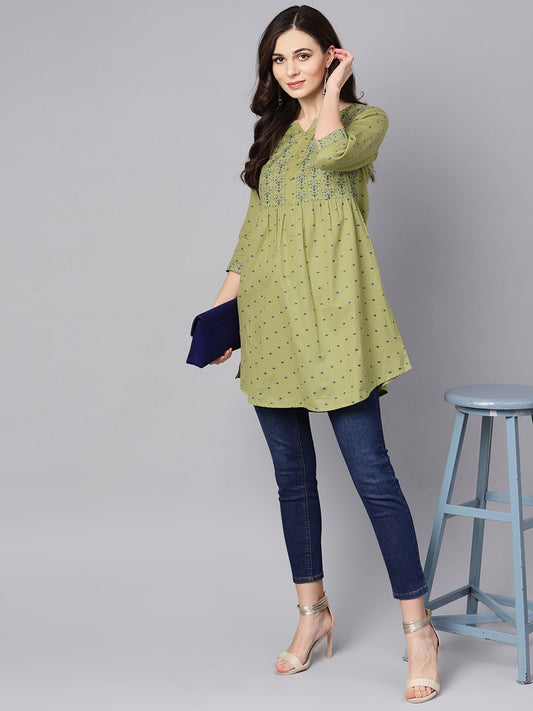 Green Printed 3/4Th Sleeve Cotton A-Line Kurta | LASVINI - Redefining Indian Fashion with Elegance