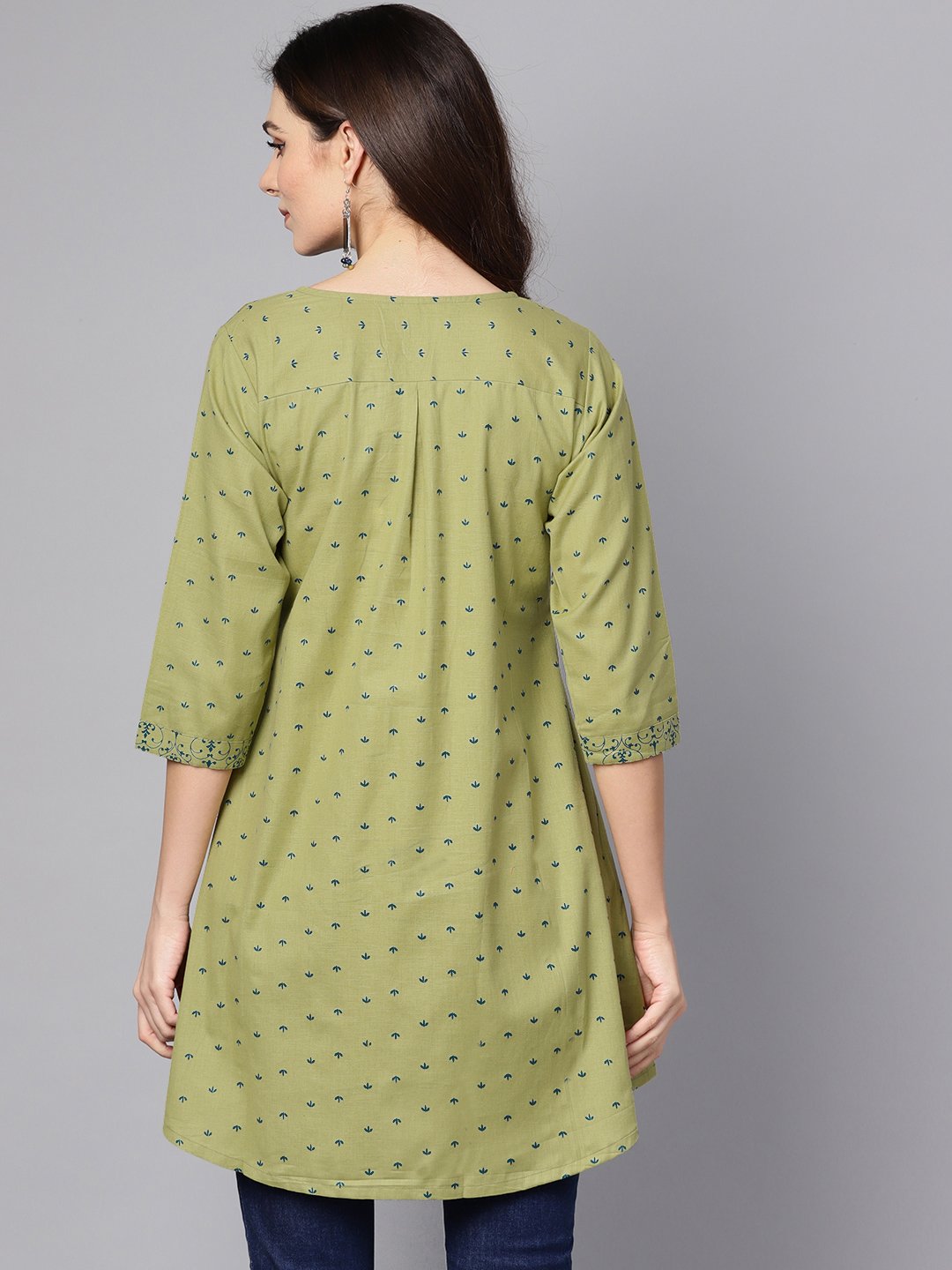 Green Printed 3/4Th Sleeve Cotton A-Line Kurta | LASVINI - Redefining Indian Fashion with Elegance