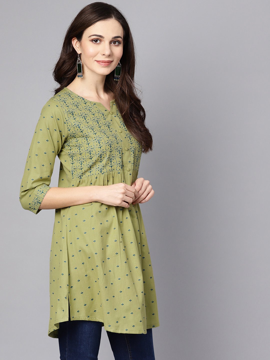 Green Printed 3/4Th Sleeve Cotton A-Line Kurta | LASVINI - Redefining Indian Fashion with Elegance
