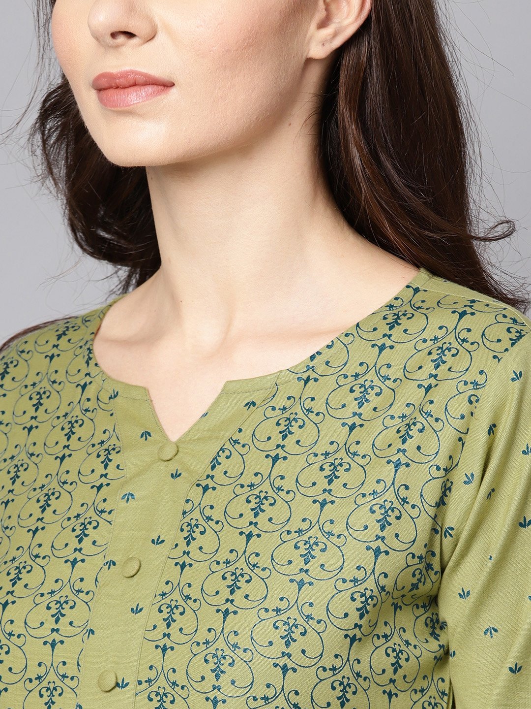 Green Printed 3/4Th Sleeve Cotton A-Line Kurta | LASVINI - Redefining Indian Fashion with Elegance