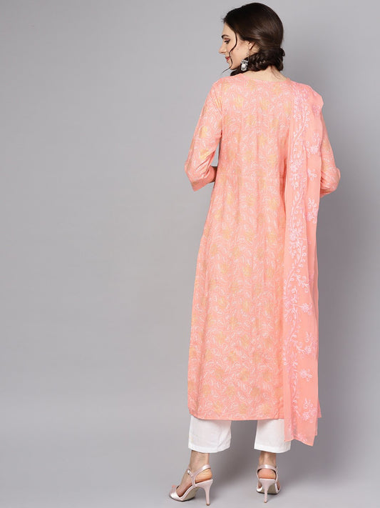 Peach Printed 3/4Th Sleeve Kurta With Dupatta And White Palazzo | LASVINI - Redefining Indian Fashion with Elegance