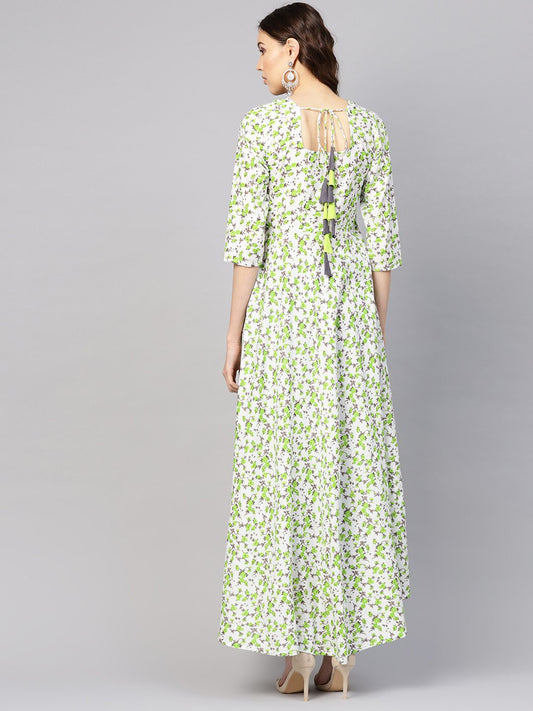 Women White & Green Floral Print Maxi Dress | LASVINI - Redefining Indian Fashion with Elegance