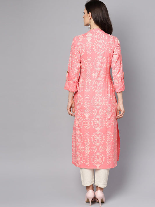 Pink Printed Full Sleeve Cotton Straight Kurta | LASVINI - Redefining Indian Fashion with Elegance