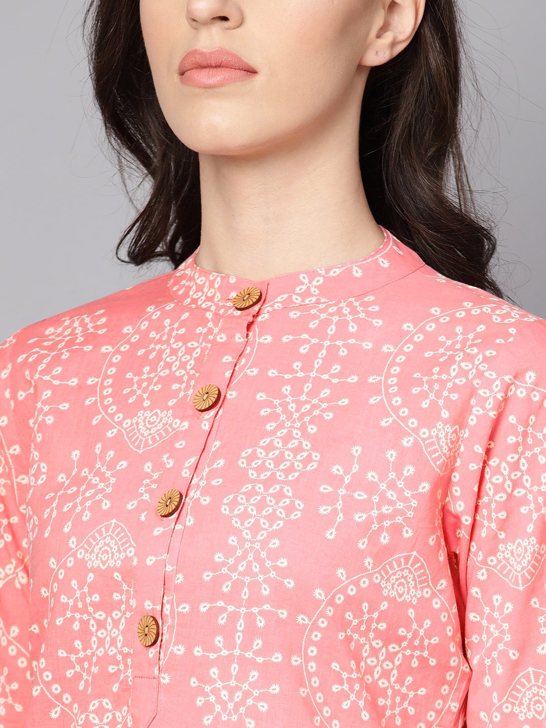 Pink Printed Full Sleeve Cotton Straight Kurta | LASVINI - Redefining Indian Fashion with Elegance