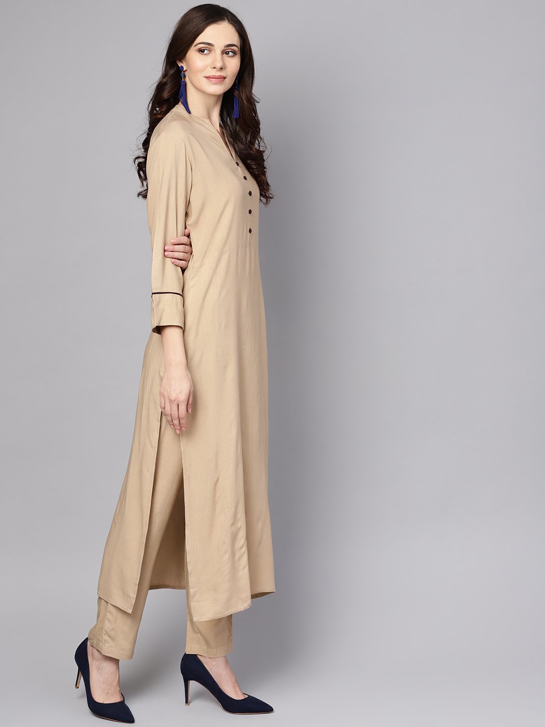 Beige 3/4Th Sleeve Rayon Kurta With Ankle Length Palazzo And Printed Dupatta | LASVINI - Redefining Indian Fashion with Elegance