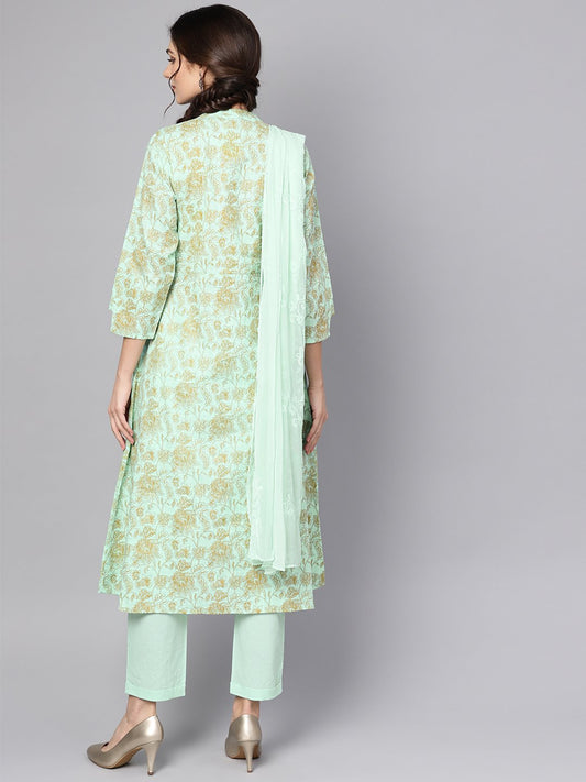 Blue Printed 3/4Th Sleeve Cotton Kurta With Printed Palazzo And Embriodery Dupatta | LASVINI - Redefining Indian Fashion with Elegance