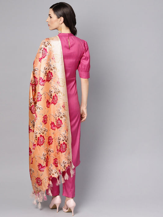Solid Purple Half Sleeve Cotton Kurta And Palazzo With Printed Dupatta | LASVINI - Redefining Indian Fashion with Elegance