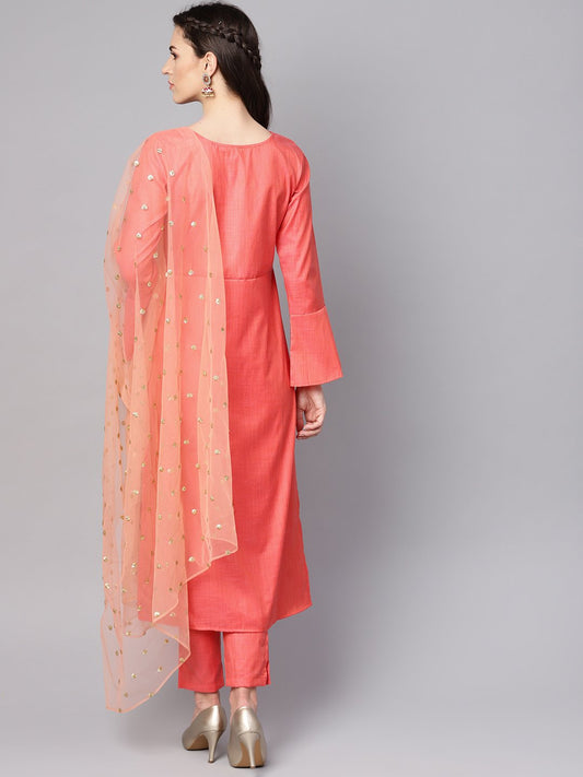 Red Full Sleeve Cotton Kurta With Pant And Brocade Dupatta | LASVINI - Redefining Indian Fashion with Elegance